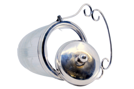  Balde de gelo em vidro lapidado a ácido com suporte e pomo na tampa em prata.